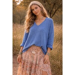 Avalin Blue 100% Cotton V-Neck Sweater Coastal One Size Made in USA